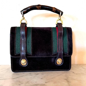 Gucci Vintage Dark Brown Suede Lunch Box Top Handle Bag Bamboo Handle Web Stripe Gold Turn Lock Made in Italy 1960s Pre-Loved Good
