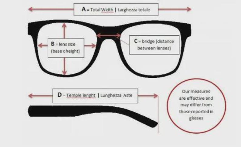Op de afbeelding: Een diagram van een zwart brilmontuur met meetpunten: A voor de totale breedte, B voor de lensmaat, C voor de afstand tussen de lenzen en D voor de pootlengte. Een rode cirkel bevat de tekst: Our measures are effective and may differ from those reported in glasses.