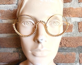 Gianfranco Ferre GEF 76 Gold-Tone Metal Round Oversized Optical Eyeglasses Crystal Embellished Lower Rim Made in Italy Pre-Loved Good
