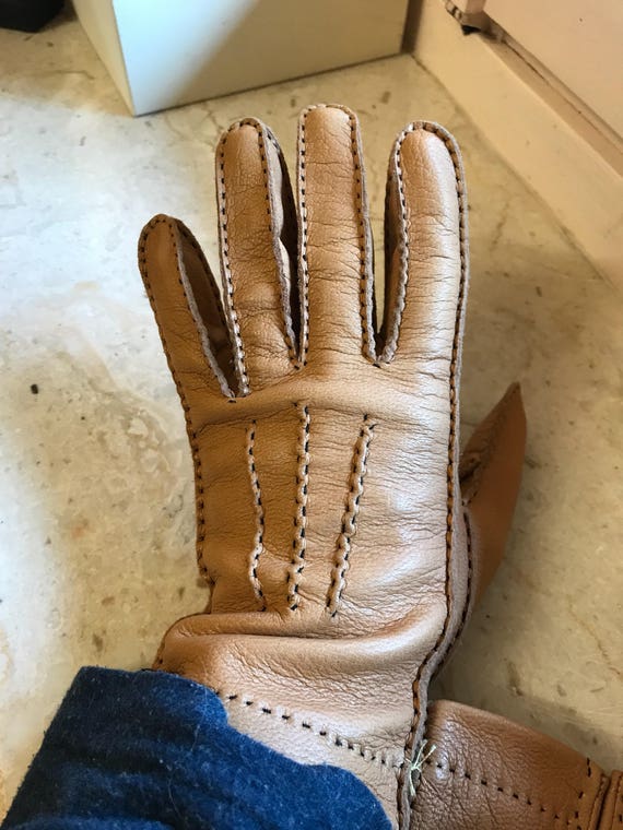 NOS Size 7 3/4 tan leather gloves, kid leather gl… - image 8