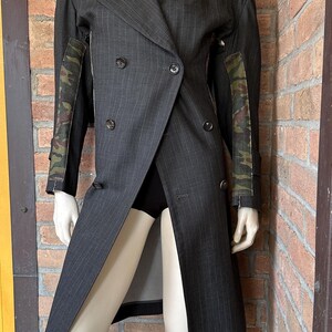 Comme des Garcons Double Breasted Long Jacket Wool Rayon Pinstripe Camo Cotton Raw Edge Panels SS2001 Made in Japan Size S image 5