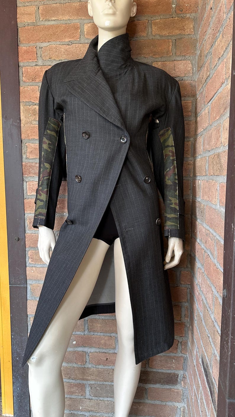 Comme des Garcons Double Breasted Long Jacket Wool Rayon Pinstripe Camo Cotton Raw Edge Panels SS2001 Made in Japan Size S image 5