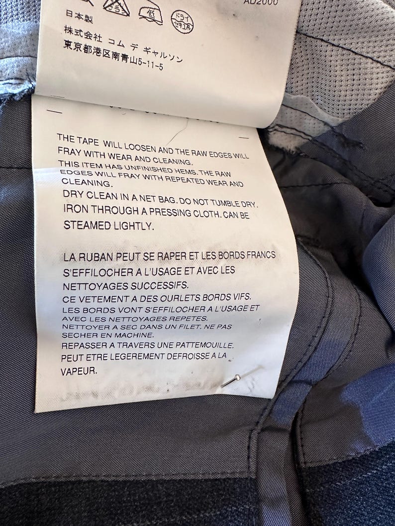 Comme des Garcons Double Breasted Long Jacket Wool Rayon Pinstripe Camo Cotton Raw Edge Panels SS2001 Made in Japan Size S image 14