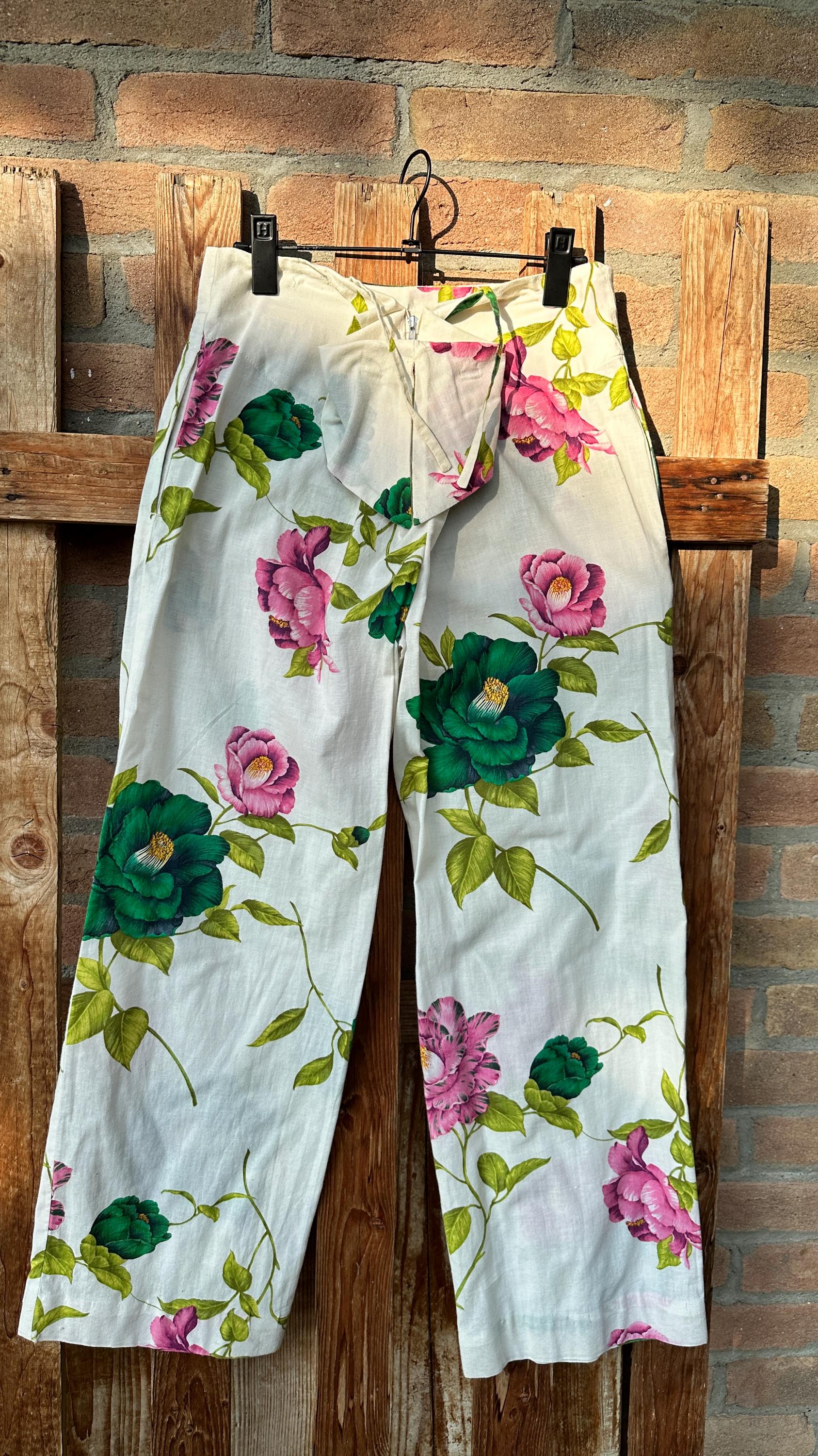 Yohji Yamamoto Vintage 90s White Cotton Wide Leg Trousers Floral