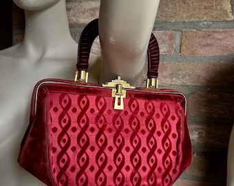 Christmas red vintage top handle bag, pre-loved, Vintage 1950s Red Velvet Handbag with Scuffed Corners , Timeless Retro Charm
