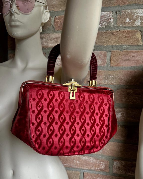 Christmas red vintage top handle bag, pre-loved, Vintage 1950s Red Velvet Handbag with Scuffed Corners , Timeless Retro Charm