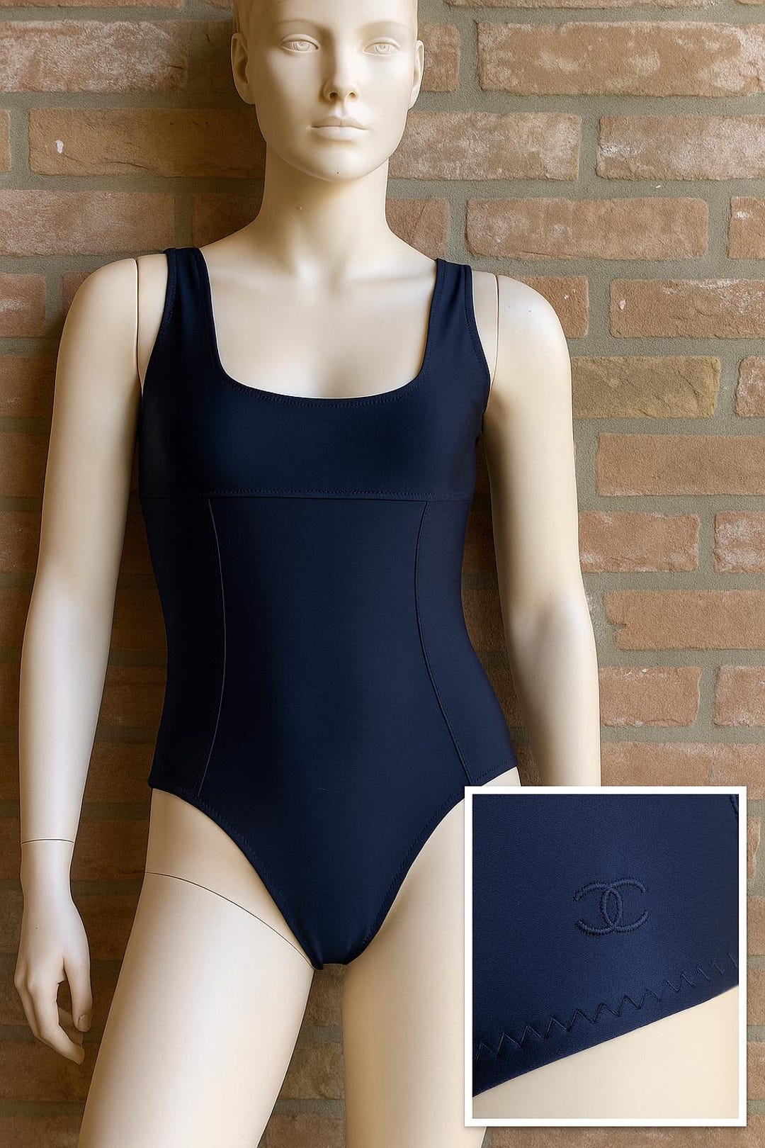 CHANEL シャネルswim bottom MID NAVY size L Chanel Vintage Navy One Piece Swimsuit Tonal CC Embroidered Hip