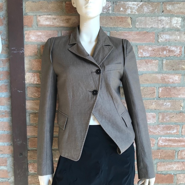 Ann Demeulemeester Vintage Wool Ramie Asymmetric Tailored Blazer Taupe Sculptural Shoulders Antwerp Six Archive Early 2000s Size FR 36