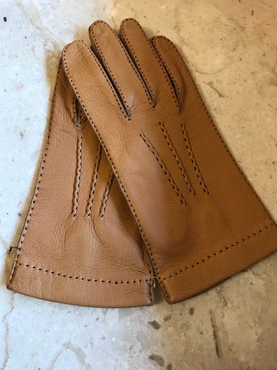 NOS Size 7 3/4 tan leather gloves, kid leather gl… - image 2