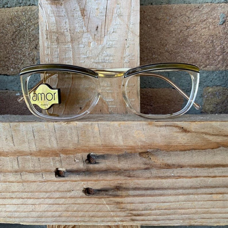 Amor Paris Vintage Eyeglasses NOS 50s Cat Eye Clear Frames Brown Brow Cat Eye Specs Marilyn Style Deadstock New Old Stock With Tag image 2