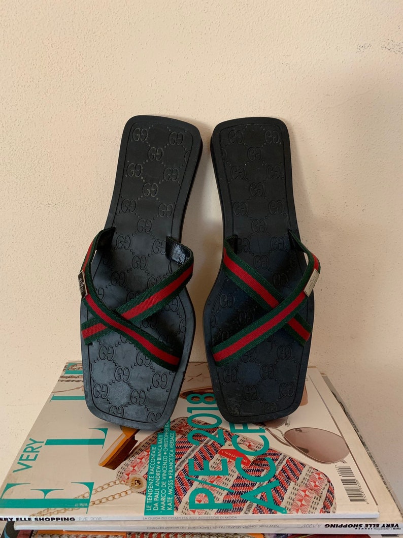 Gucci web slippers flip flop black rubber and web band 37 | Etsy