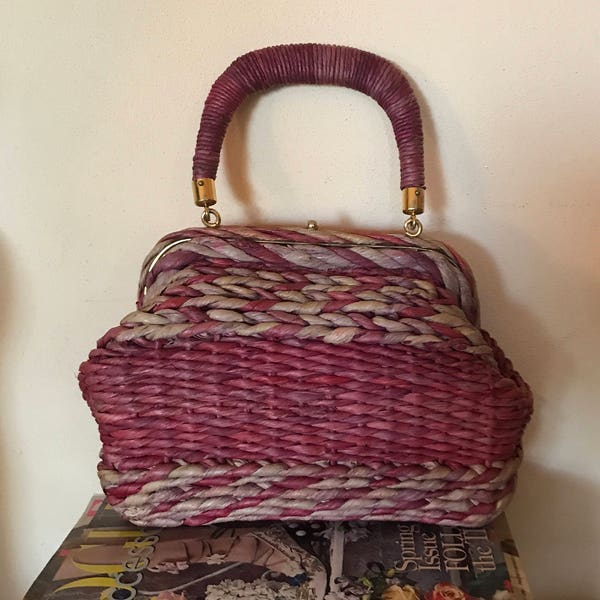 Roberta di Camerino vintage handbag, doctor bag, pink straw
