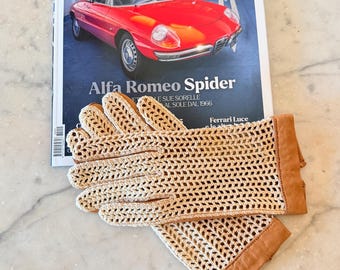 Vintage rijhandschoenen van kalfsleer en haakwerk, nieuw in doos, lichtbruin, unisex, klassieke autoverzamelaarsstijl, Mille Miglia, jaren 70