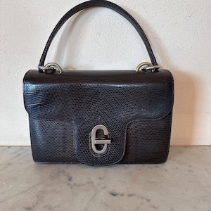 Giorgio Gucci Roma Vintage Dunkelbraune, feinschuppige Leder-Henkeltasche mit silberfarbenem Verschluss, hergestellt in Italien 1950