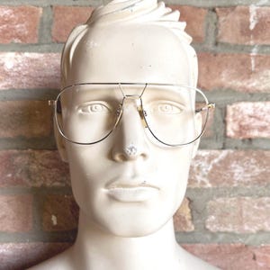 Emilio Pucci Vintage 80s Aviator Eyeglasses NOS Two Tone Silver Gold Metal Double Bridge Logo Plaque Signed Lightweight Optical Frame