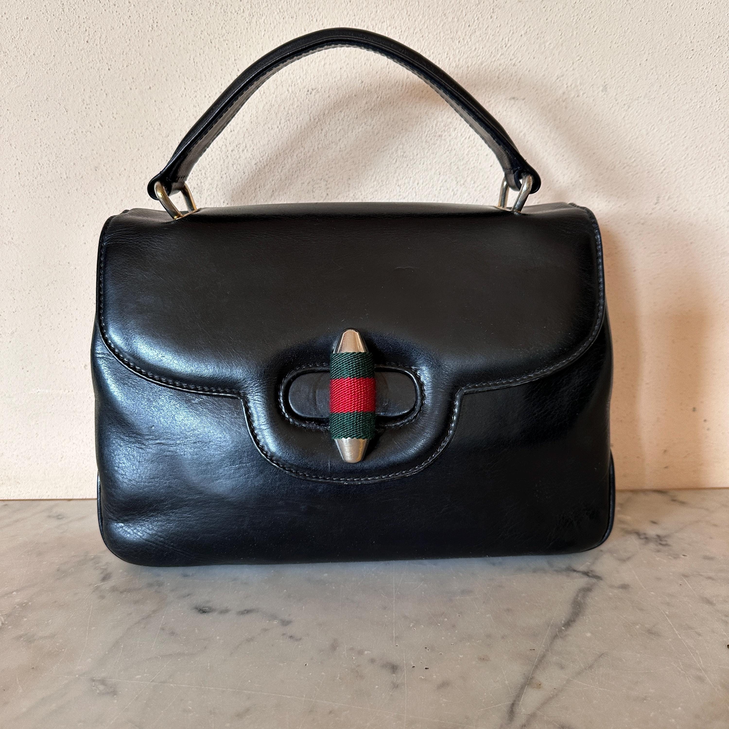 Gucci Vintage Black Brushed Calf Leather Top Handle Bag Web Canvas