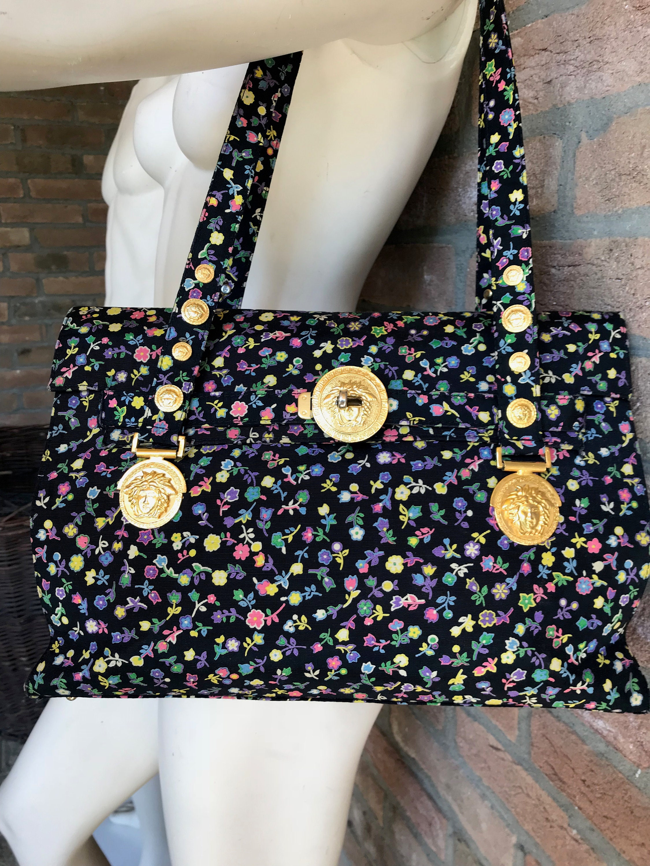 Gianni Versace Vintage Black Cotton Micro Floral Tote Bag Gold