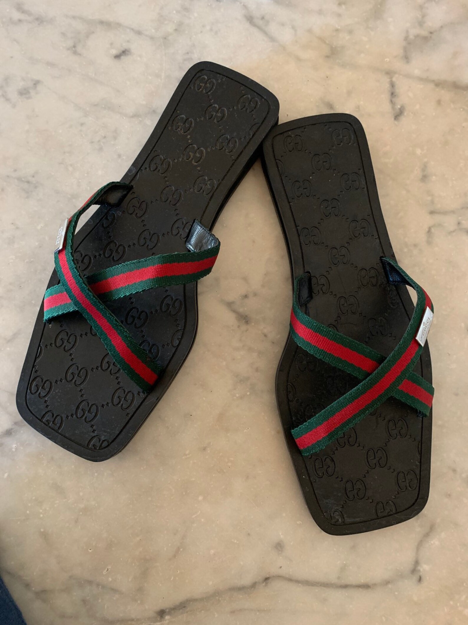 Gucci web slippers flip flop black rubber and web band 37 | Etsy