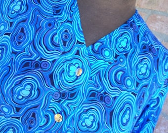 Sukienka Kena Scotta z lat 70., z nadrukiem w kolorze niebieskiego malachitu, sygnatura Ban-Lon, sukienka vintage z długim rękawem, włoski nadruk, rozmiar S M, styl Mod Pop Art