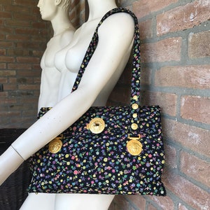 Gianni Versace floral handbag, vintage 90s Birkin model, large size, Medusa logo, rare designer bag, made in Italy, rare shoulder tote
