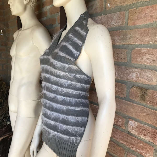 Maison Martin Margiela Vintage Halter top 1990s Runway Knit Grey Nohair Striped Texture Miss Deanna Archive Martin Margiela Collector