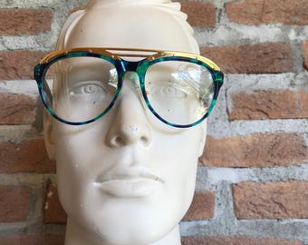 Derapage vintage sunglasses 90s, blue green multicolor frame, gold top bar, NOS demo lenses with original sticker, Italian unisex