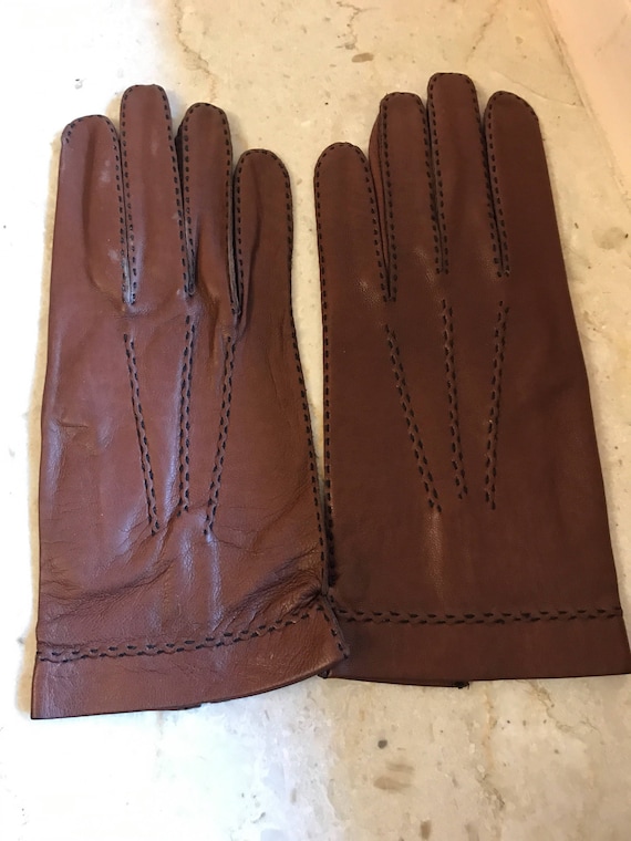 NOS  Size 7 3/4 tobacco gloves, kid leather glove… - image 1