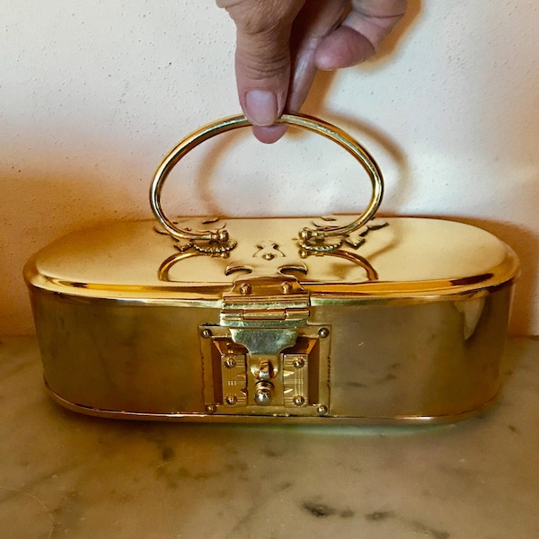 Rare Roberta di Camerino jewel bag, Venezia Italia, gold metal vanity case, 1960s collectible minaudiere decor object