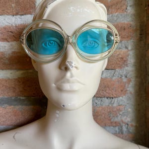 Samco vintage sunglasses, 1960s 1970s transparent oval frame, bright blue lenses, Space Age mod style, NOS deadstock eyewear