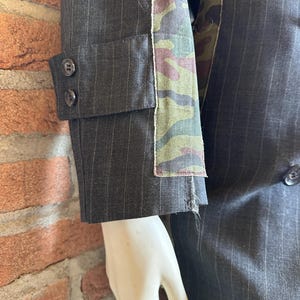 Comme des Garcons Double Breasted Long Jacket Wool Rayon Pinstripe Camo Cotton Raw Edge Panels SS2001 Made in Japan Size S image 7