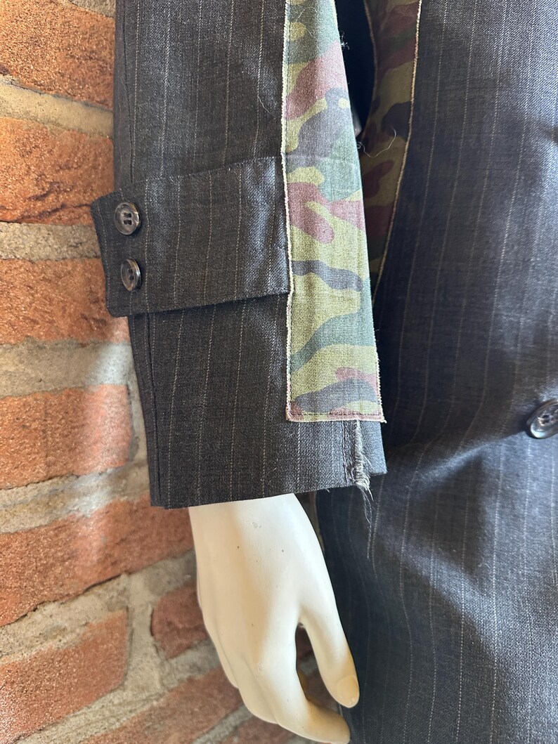 Comme des Garcons Double Breasted Long Jacket Wool Rayon Pinstripe Camo Cotton Raw Edge Panels SS2001 Made in Japan Size S image 7