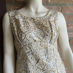 Vintage Empire Waist Evening Dress, Lurex, Gold & Silver, Long Dress, Sleeveless Evening Dress, Tailored, 1970