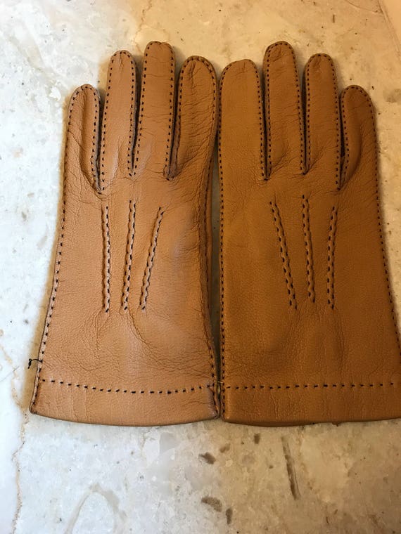 NOS Size 7 3/4 tan leather gloves, kid leather gl… - image 1