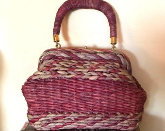 Roberta di Camerino vintage straw bag, pink woven handbag, 1960s Italian designer purse, top handle summer bag