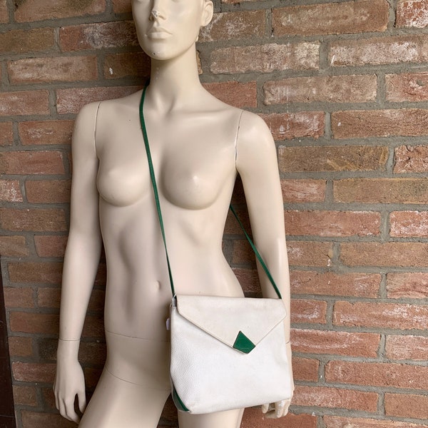 Fendi cross body purse, white and green leather, monogram fendi lined