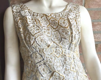 Vintage gold silver lurex evening dress, 1960s glam metallic gown, empire waist, ankle length, shimmering cocktail dress, M/L