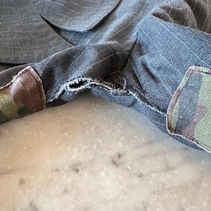 Comme des Garcons Double Breasted Long Jacket Wool Rayon Pinstripe Camo Cotton Raw Edge Panels SS2001 Made in Japan Size S image 10