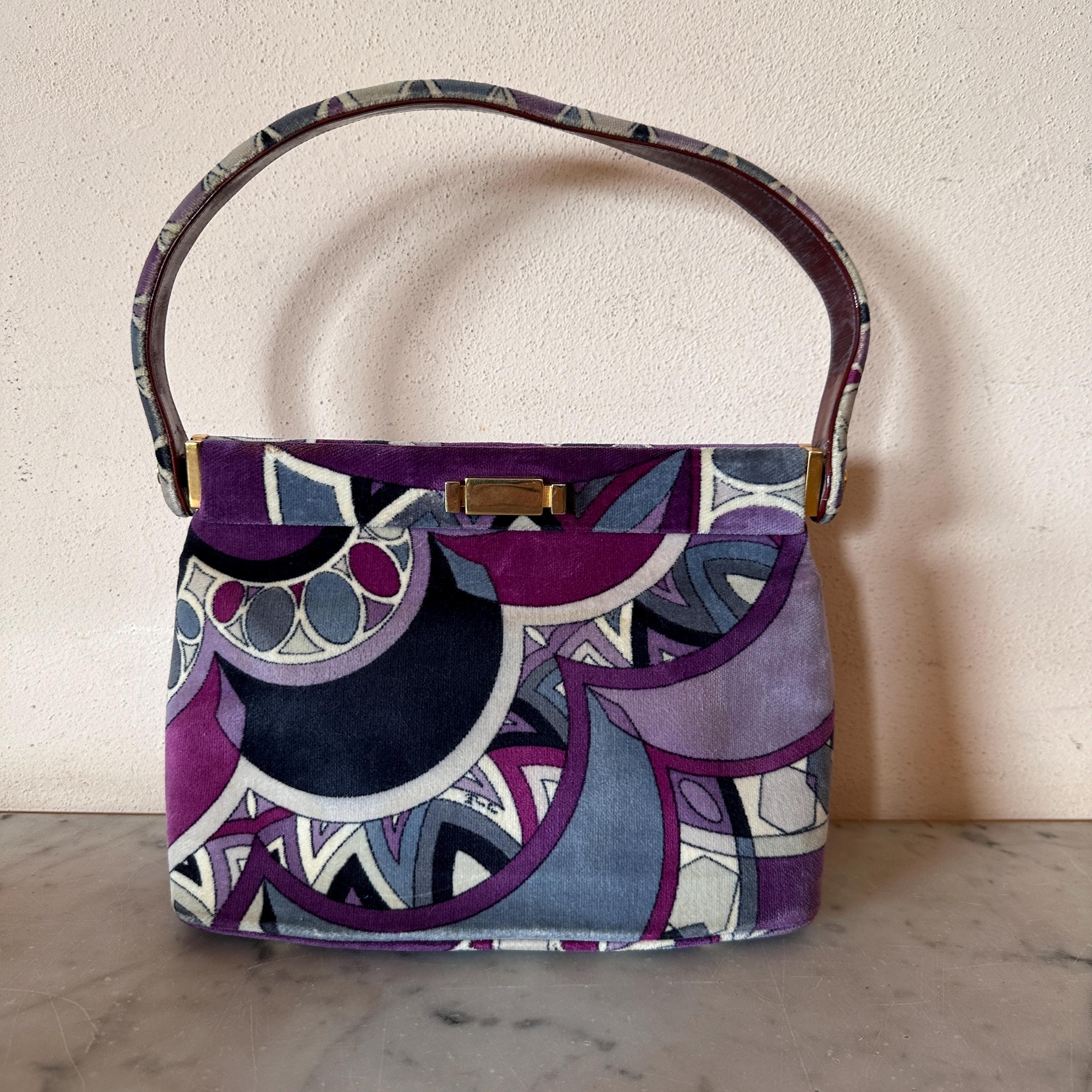 Emilio Pucci Silk Velvet Handbag Purple Blue Geometric Print Gold