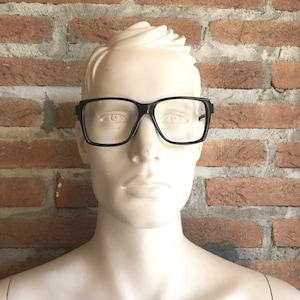 Paco Rabanne PR 608 Vintage 80s Black Acetate Eyeglasses NOS Unisex Square Frame Silver Metal Logo Plaque Paris Signed Optical Frame