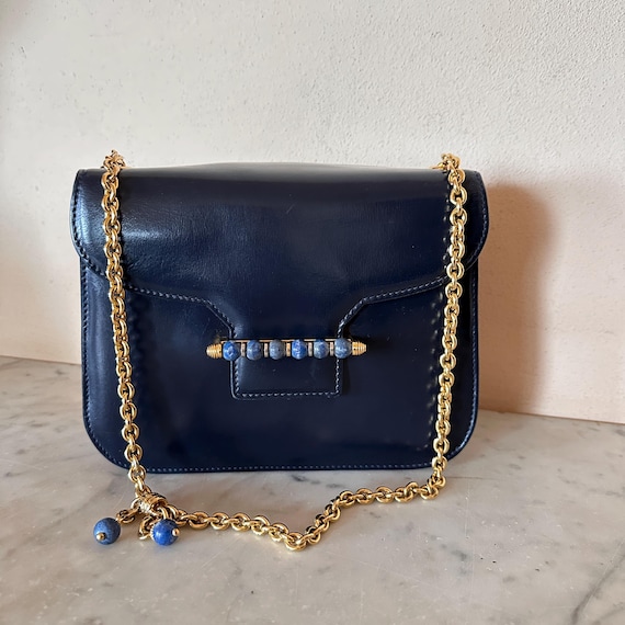 Gucci Vintage 1969 Navy Leather Chain Shoulder Bag Lapis Lazuli