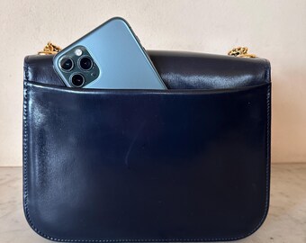 極美品⭐︎GUCCI ネイビー ヴィンテージ ショルダーバッグ 保証書付き Gucci Vintage 1969 Navy Leather Chain Shoulder Bag Lapis Lazuli