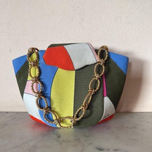 Emilio Pucci trapeze bag geometric color block silk yersey gold chain 1960s 70s vintage Italian designer structured handbag signed