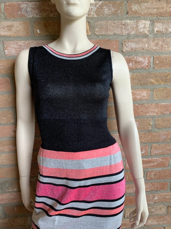 Emilio Pucci, Emilio Pucci Vintage Black Lurex Striped Maxi Dress Pink Grey Sleeveless EP Monogram NOS Original Tag Florence Italy 1970s Size 10