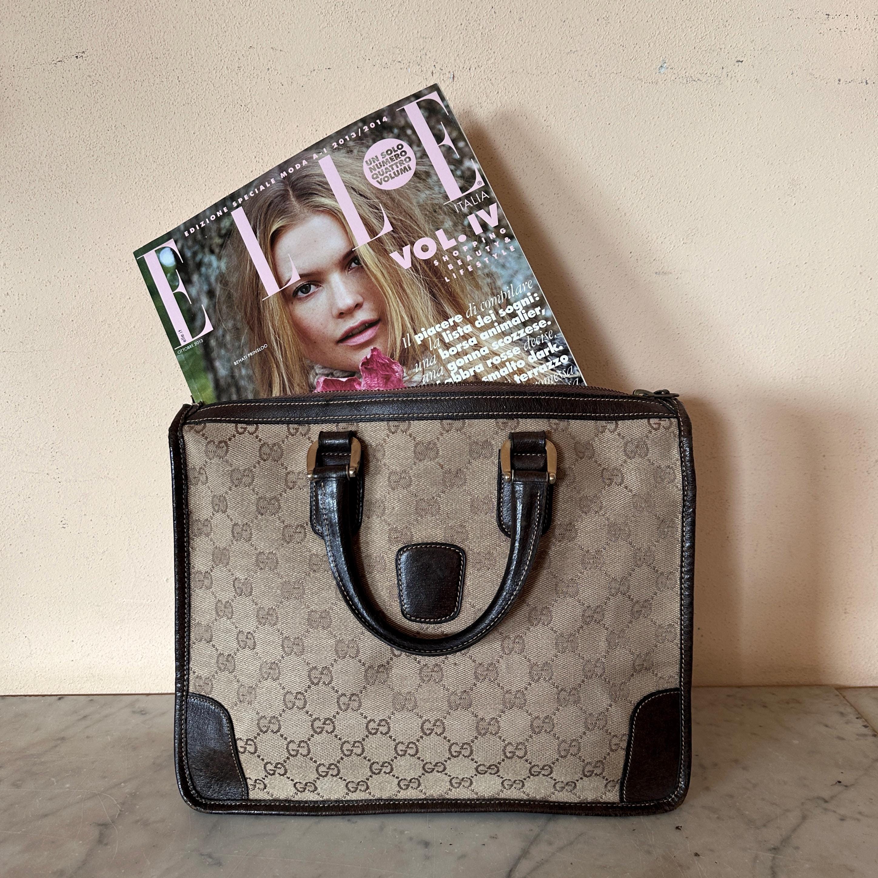 Gucci Vintage GG Monogram Canvas Handbag Dark Brown Boar Leather