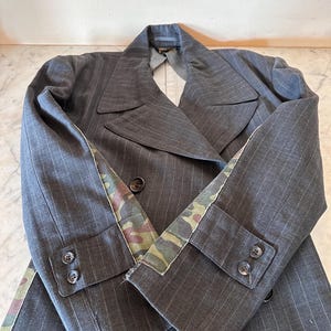 Comme des Garcons Double Breasted Long Jacket Wool Rayon Pinstripe Camo Cotton Raw Edge Panels SS2001 Made in Japan Size S image 16