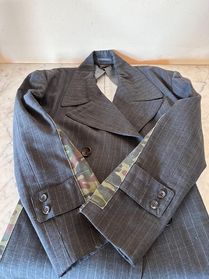 Comme des Garcons Double Breasted Long Jacket Wool Rayon Pinstripe Camo Cotton Raw Edge Panels SS2001 Made in Japan Size S image 16
