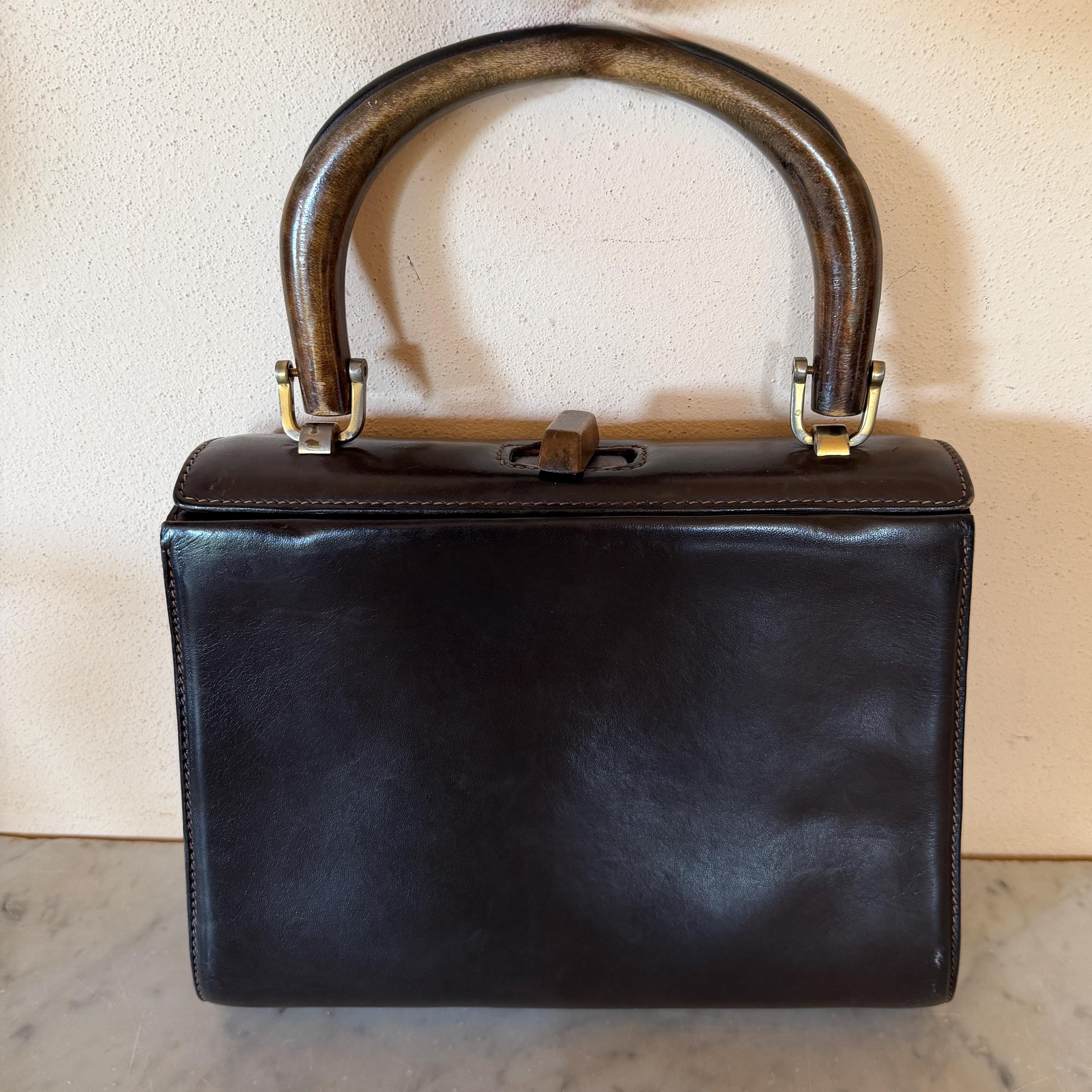 Gucci Vintage 1960s Dark Brown Box Calf Leather Top Handle Bag