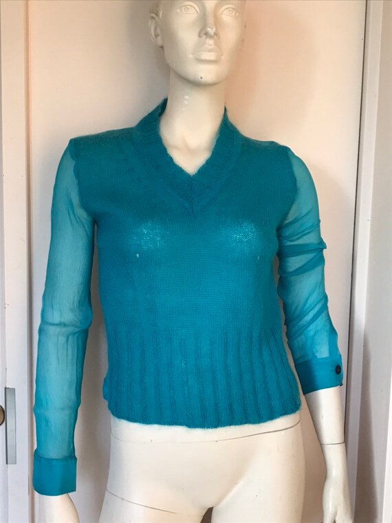 Dries Van Noten turquoise sweater, V neck, angora… - image 1