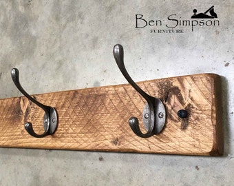 Rustic Coat Rack Handcrafted Using Solid Wood With Industrial Metal Hooks | 10cm Height x 2.5cm Thickness | Ben Simpson Furniture