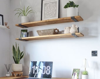 Rustic Wooden Shelves Handcrafted | Solid Wood & Inverted Metal Shelf Brackets | 22cm Depth x 2.5cm Thickness | Ben Simpson Furniture